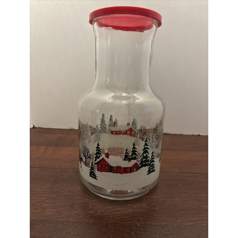 Vintage Christmas Sleigh Ride Glass Carafe Jug Juice Eggnog Decanter 9